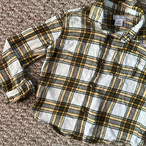 Quiltex Aize 4T off white and green plaid long sleeve toddler shirt - Picture 2 of 4